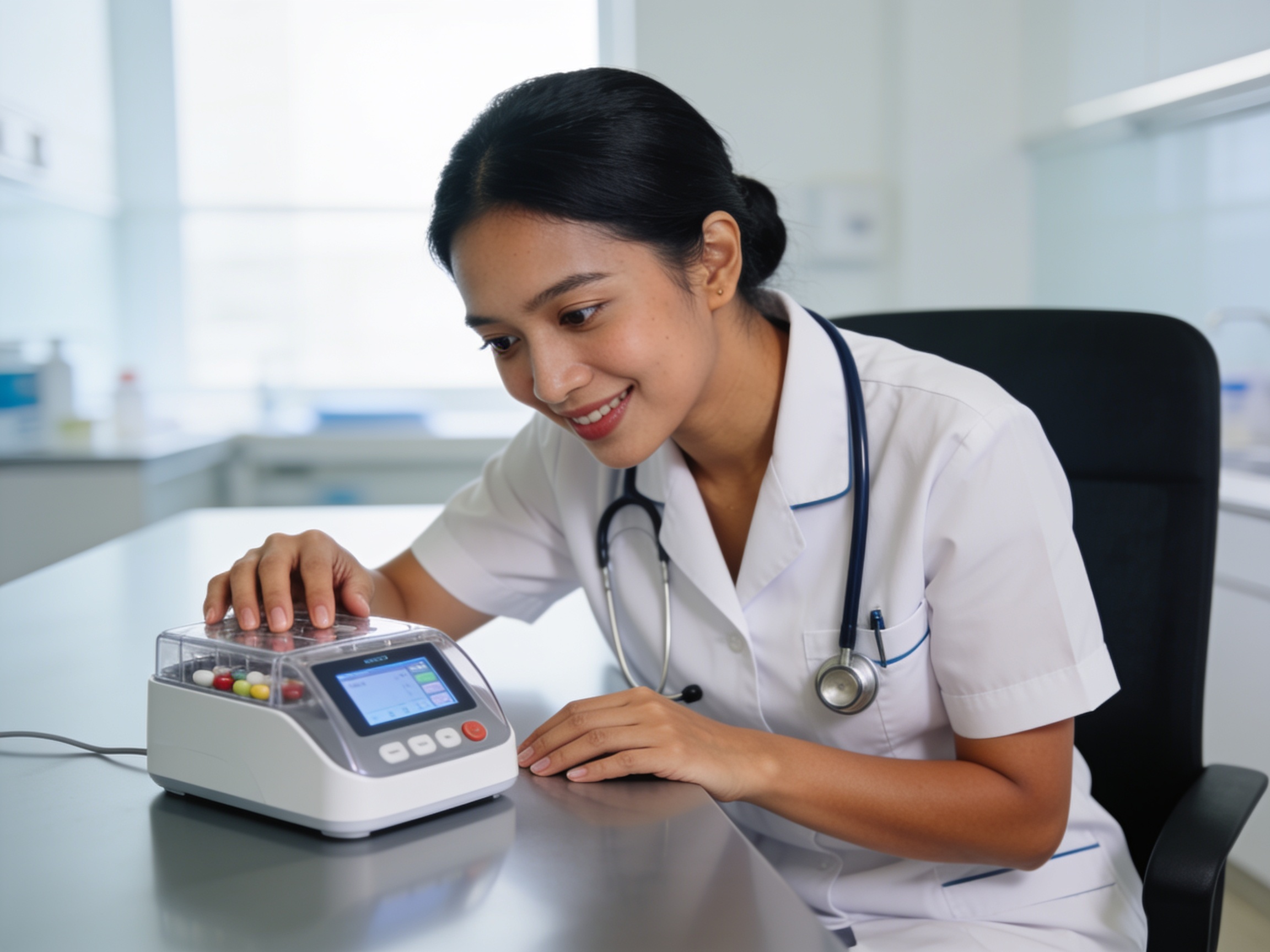 Perawat Indonesia memeriksa smart dispenser untuk meningkatkan efektivitas penggunaan obat medis di klinik