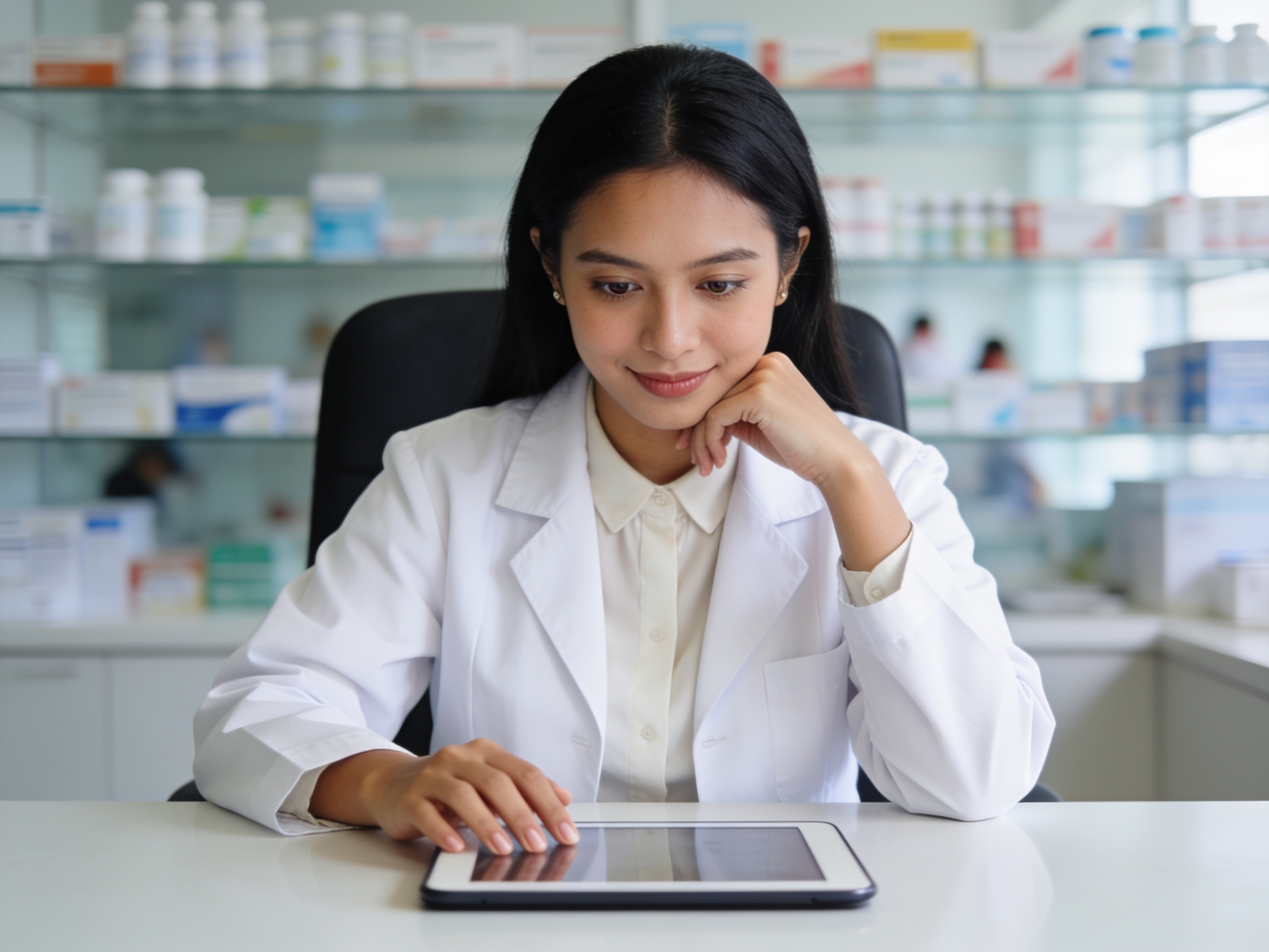 Apoteker memeriksa interaksi obat makanan sehat pada tablet di klinik Indonesia