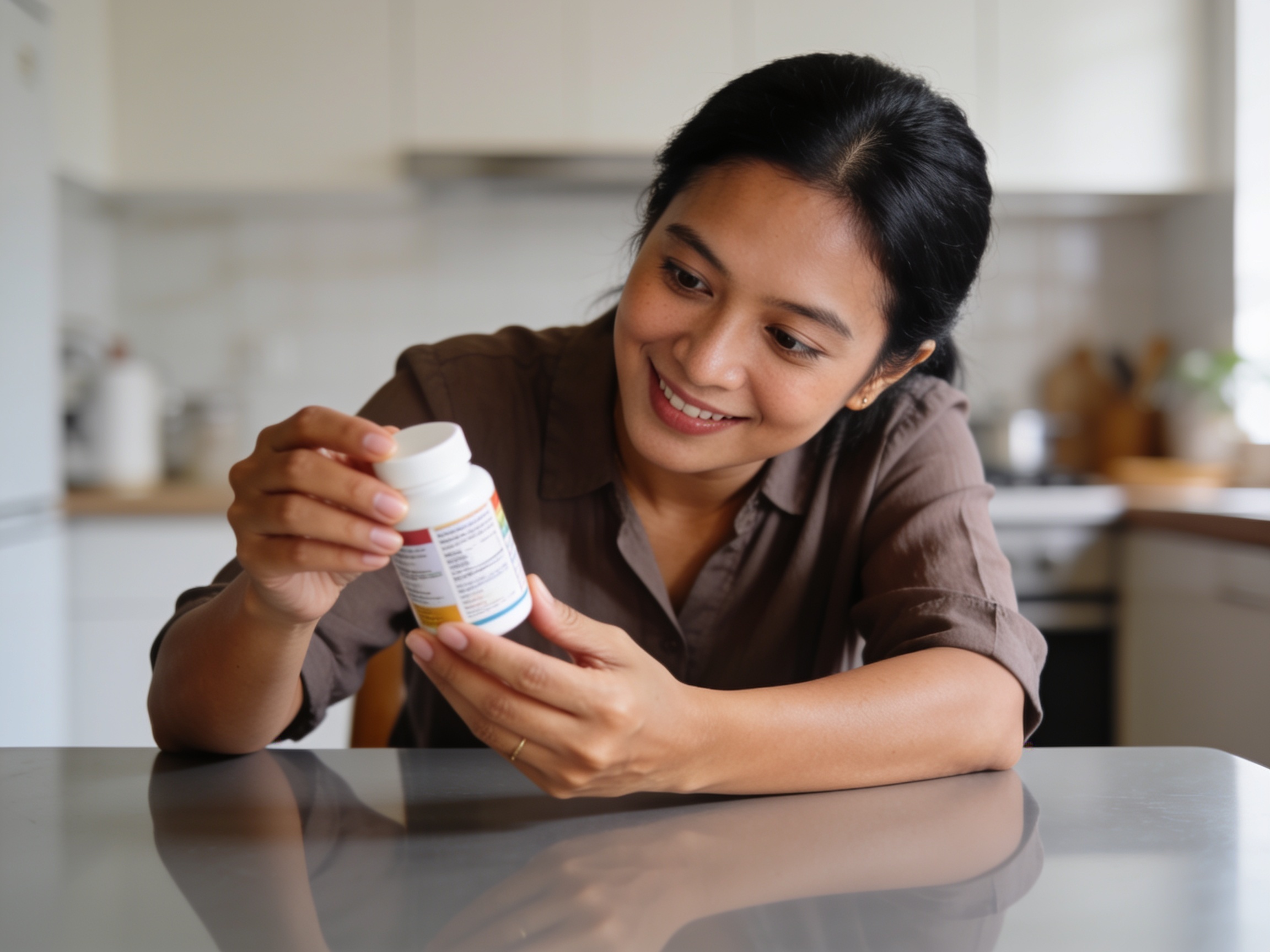 Perempuan Indonesia memegang botol obat untuk menerapkan panduan konsumsi obat aman